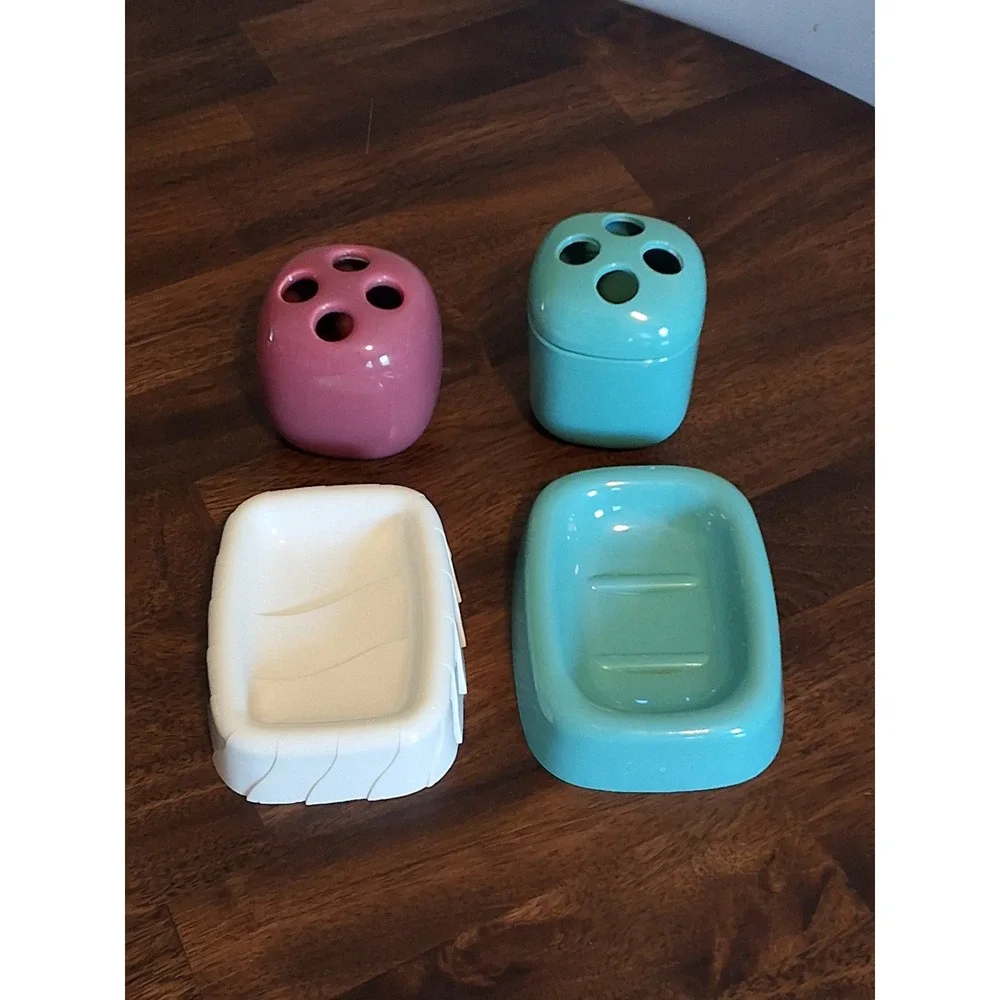 Vintage Bathroom Set Toothbrush Holders Soap Dishes Jade Pink White Lot Of 4 GVC